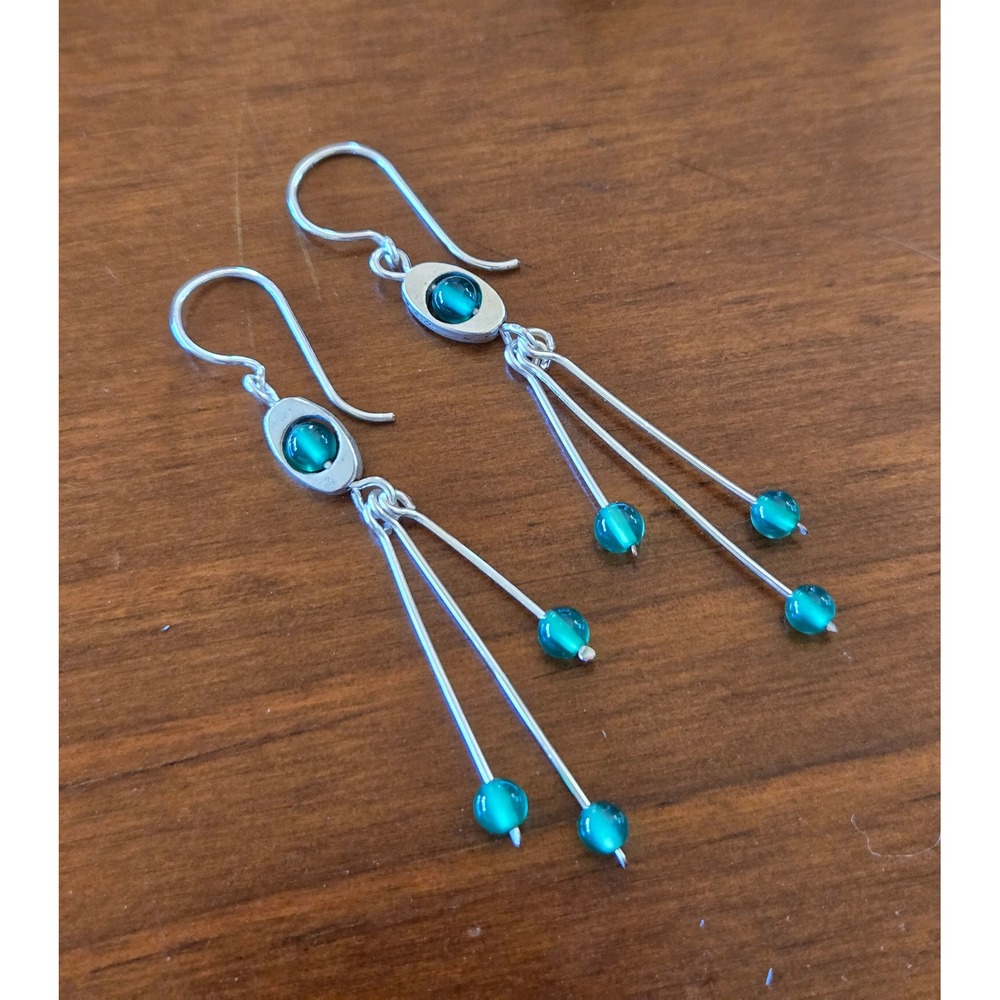 Atomic 60's Mid-Mod Green Aventurine Silver Tone‎ Dangle Earrings Triple Drop